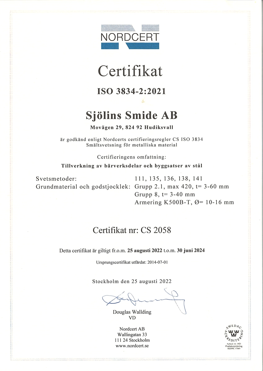 Certifikat ISO 3834-2_2021 Tillverkning av bärverksdelar och byggsatser av stål